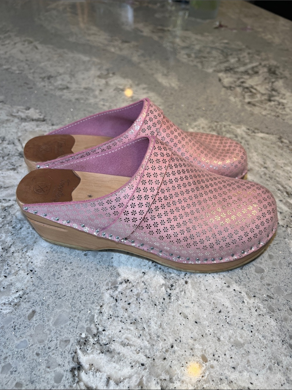 Troentorp Pink Perforated Leather Wooden Clogs Size 38 EUC